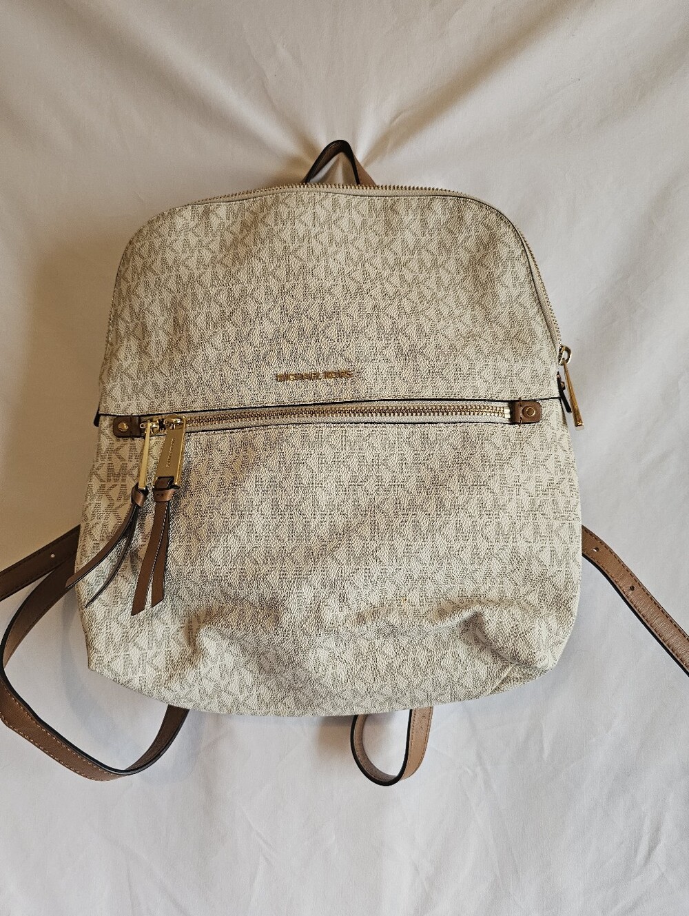 Michael Kors Beige Logo-Print Leather Trim Backpack